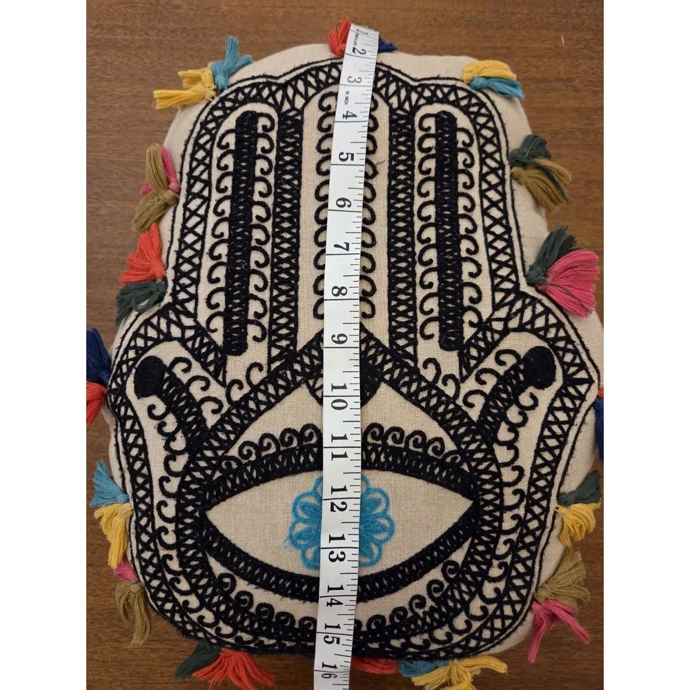 Hamsa‎ Open Palm Decorative Throw Pillow Boho Spiritual Embroidered Tassels